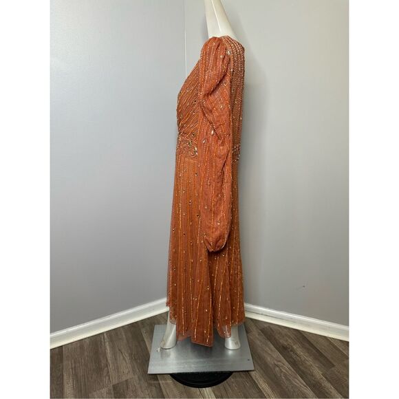 MAC DUGGAL HAND EMBELLISHED V NECK PUFF SLEEVE A LINE DRESS - Picture 9 of 11